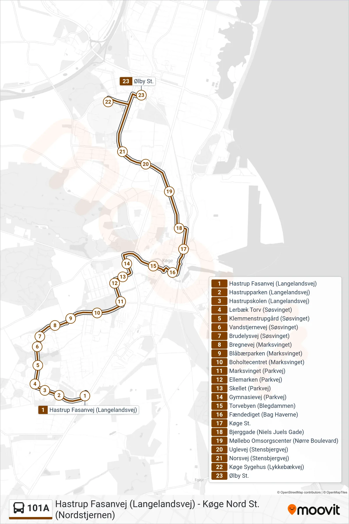 101A bus Linje (Ølby St.) rute og stop på et kort