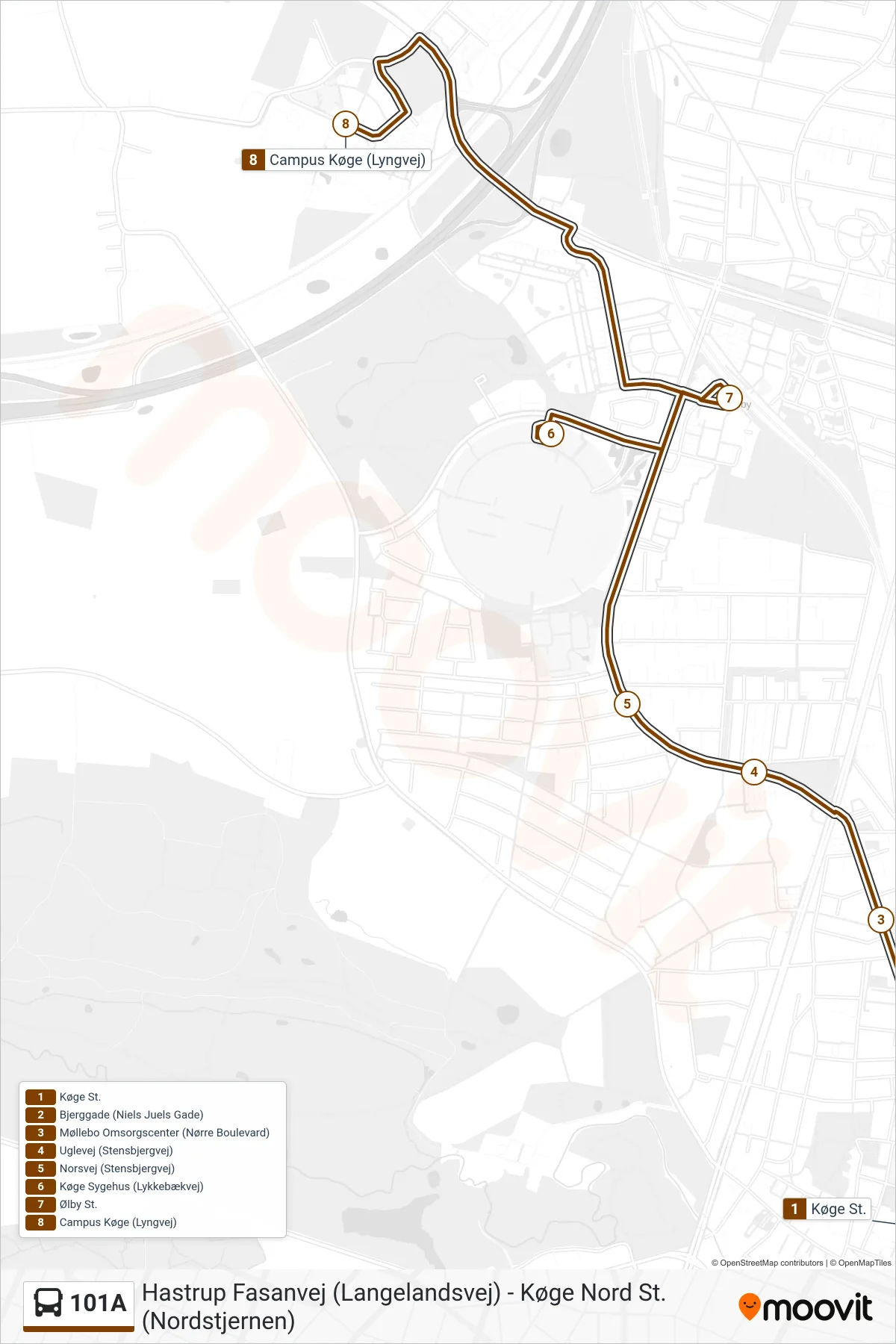 101A bus Linje (Campus Køge) rute og stop på et kort
