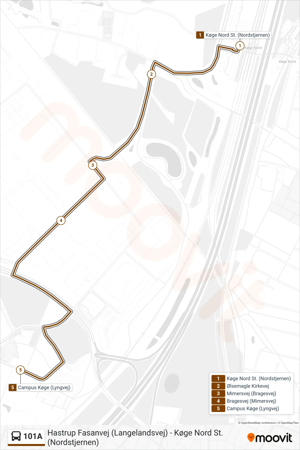 101A bus Linje (Campus Køge) rute og stop på et kort