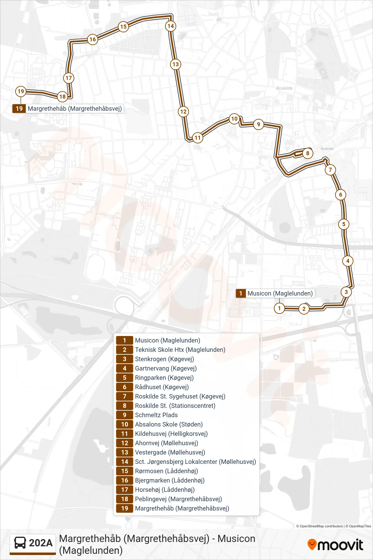 202A bus Linje (Margrethehåb) rute og stop på et kort