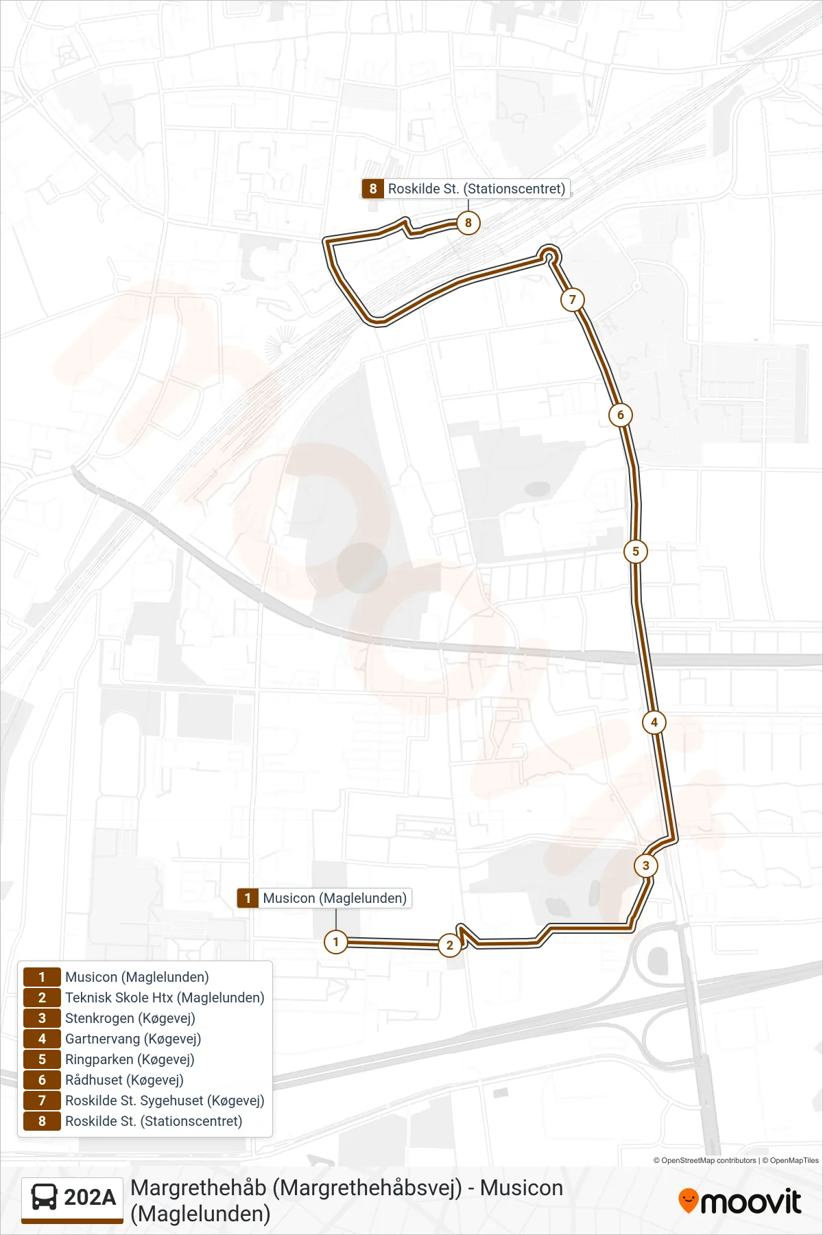 202A bus Linje (Roskilde St.) rute og stop på et kort