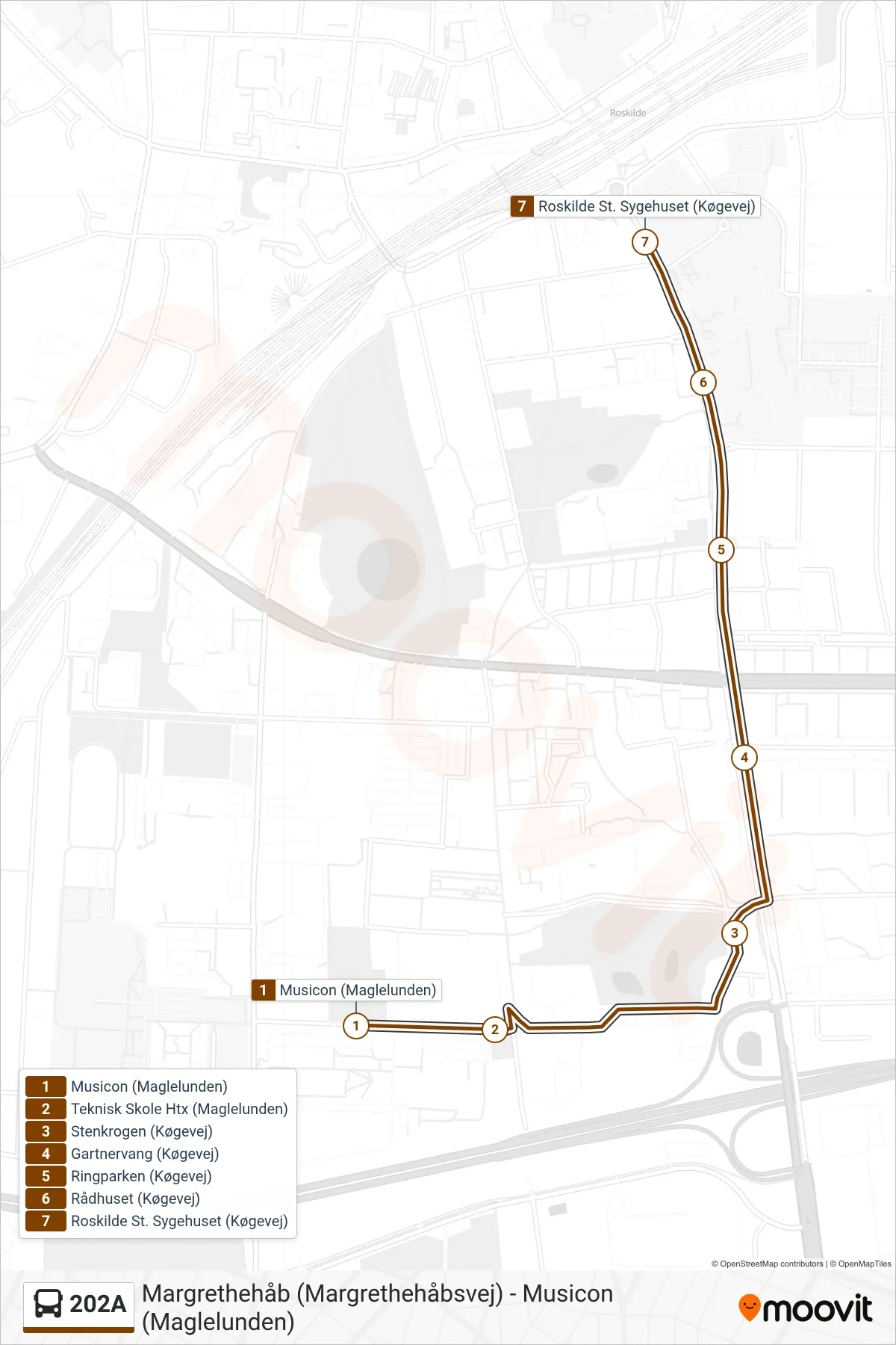 202A bus Line (Roskilde St. Sygehuset) route and stops on a map