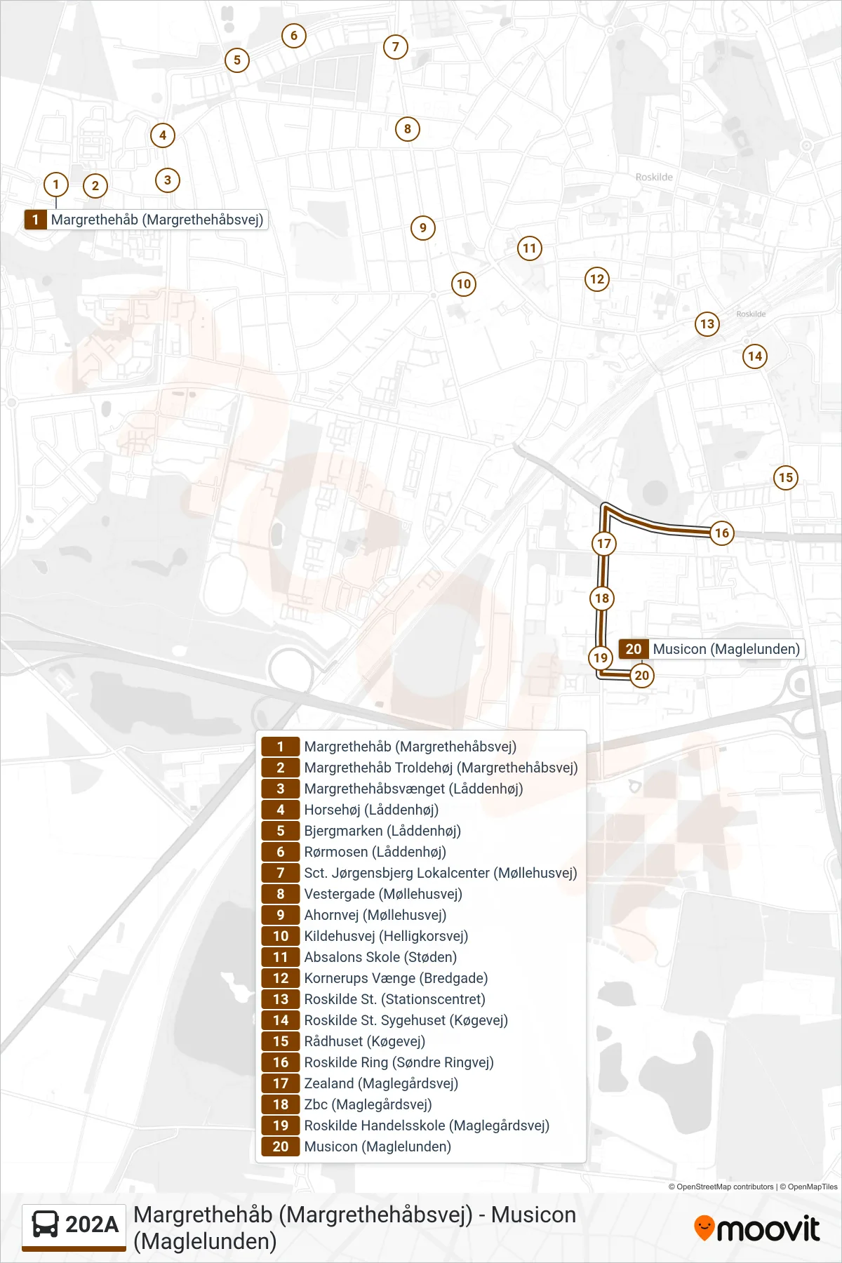 202A bus Linje (Musicon) rute og stop på et kort