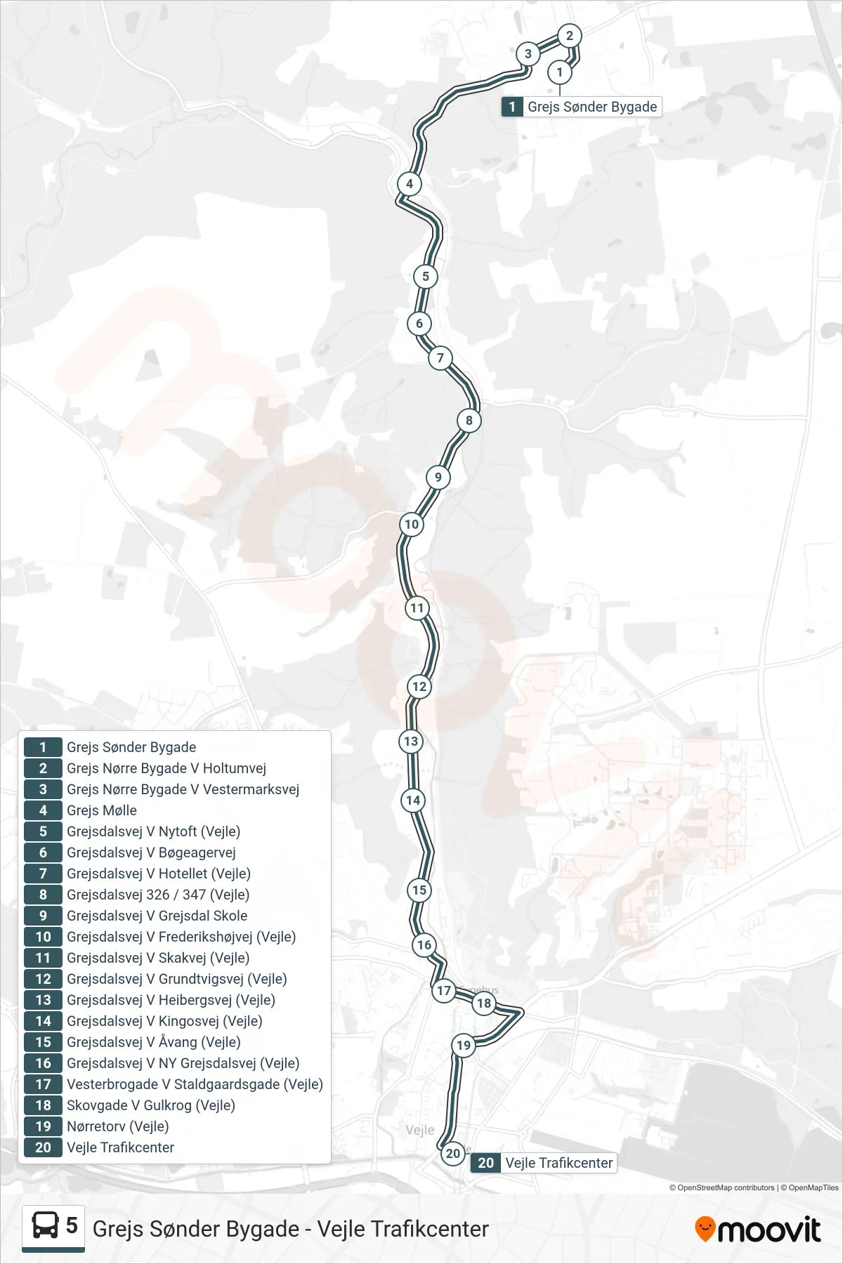 5 bus Linje (Vejle Trafikcenter) rute og stop på et kort