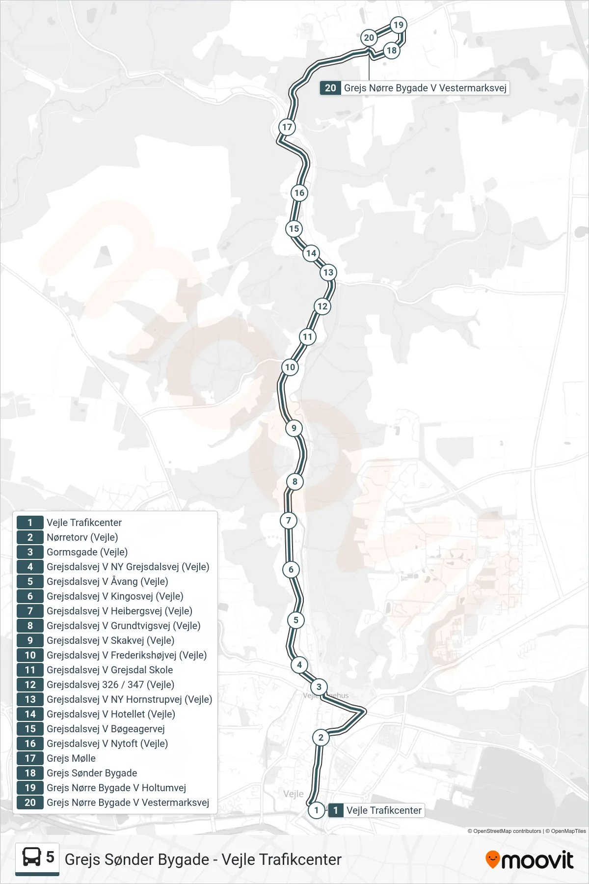 5 bus Linje (Grejs) rute og stop på et kort
