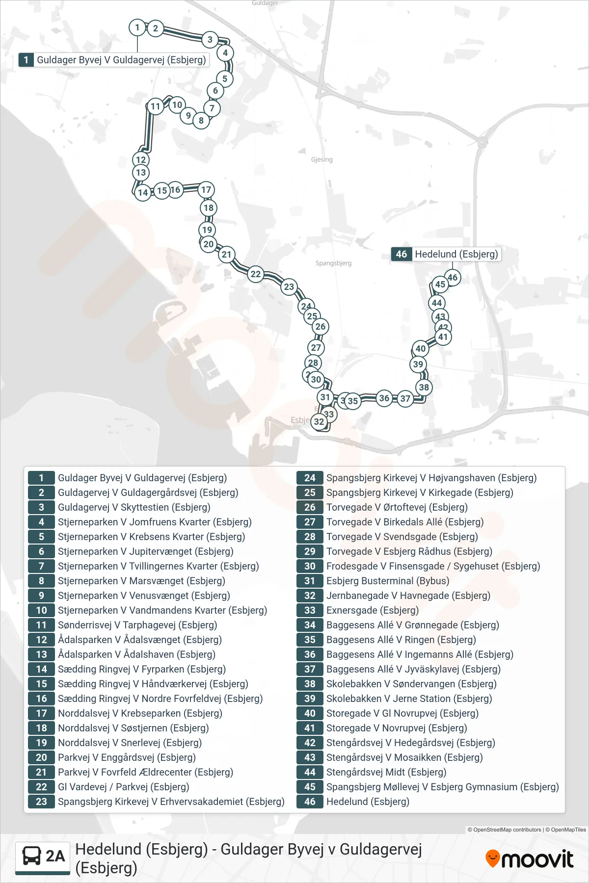 2A bus Linje (Hedelund (Esbjerg)) rute og stop på et kort
