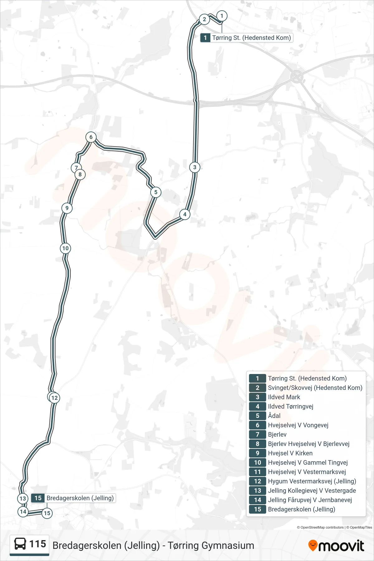 115 bus Linje (Bredagerskolen (Jelling)) rute og stop på et kort