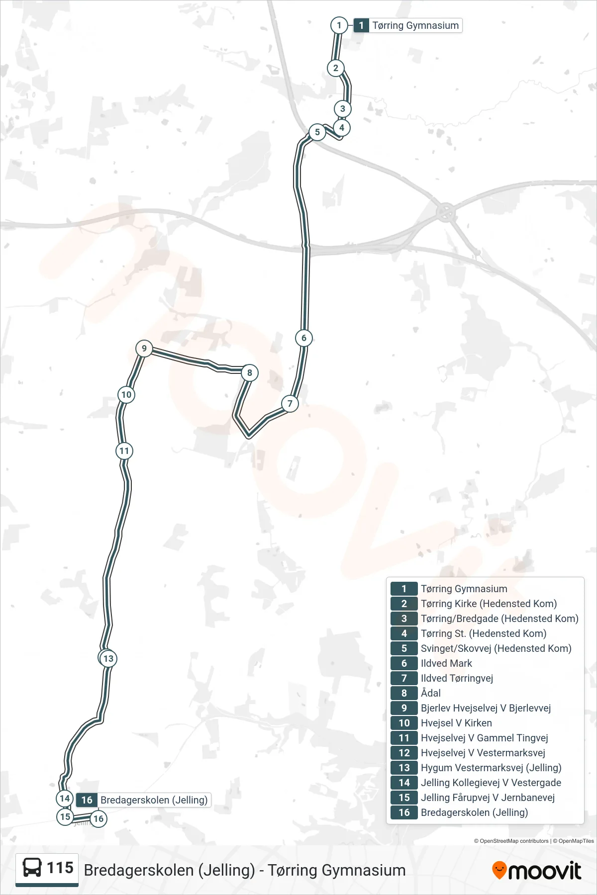 115 bus Linje (Jelling) rute og stop på et kort