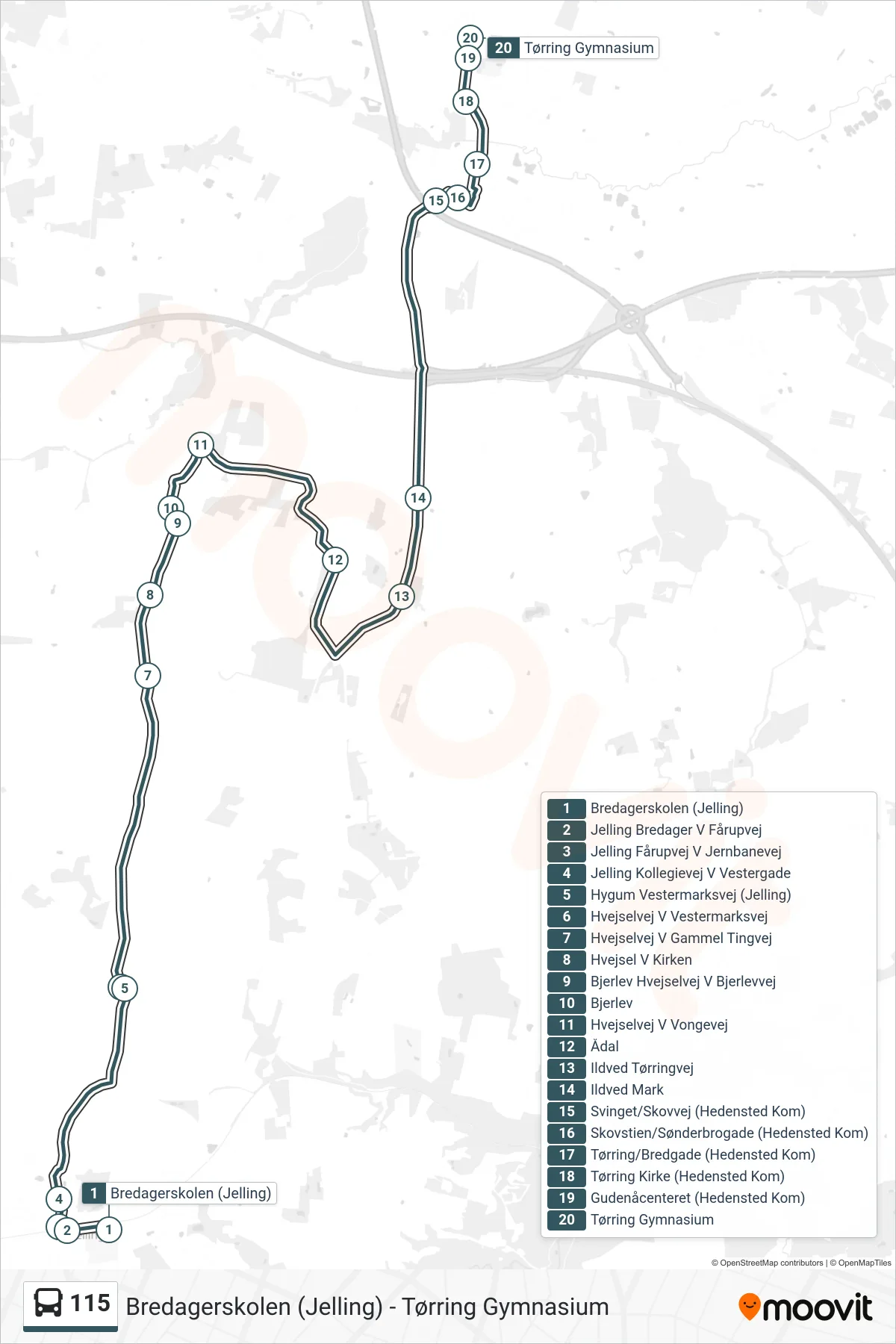 115 bus Linje (Tørring) rute og stop på et kort
