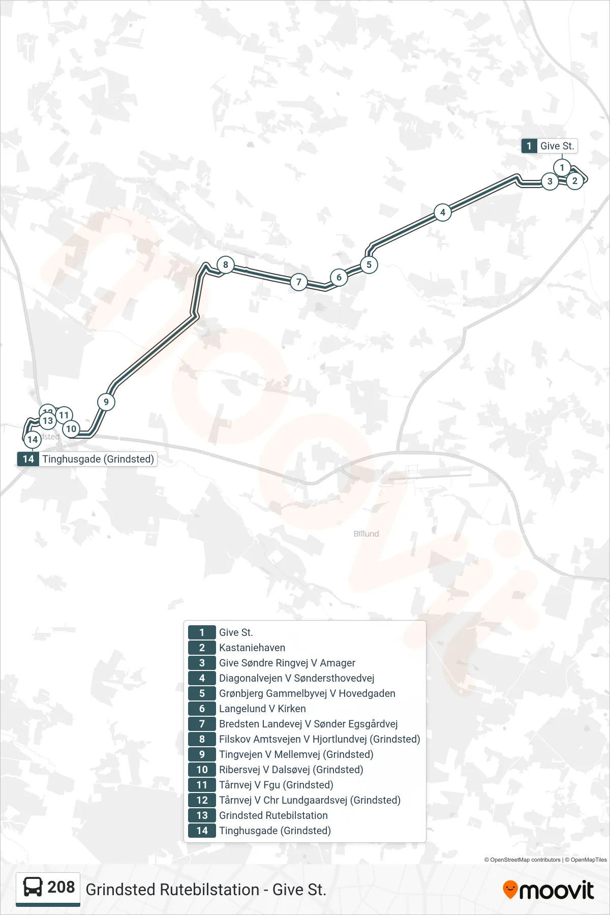 208 bus Linje (Grindsted) rute og stop på et kort