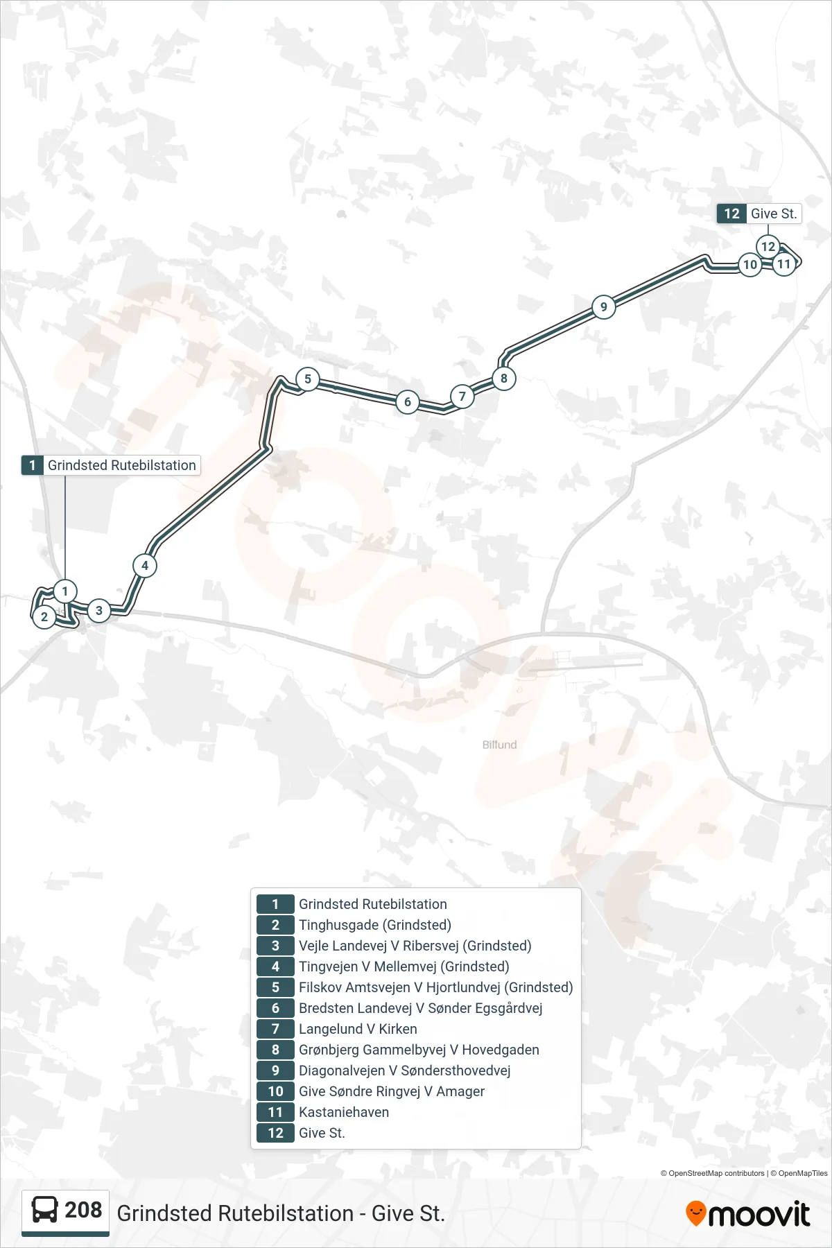 208 bus Linje (Give) rute og stop på et kort
