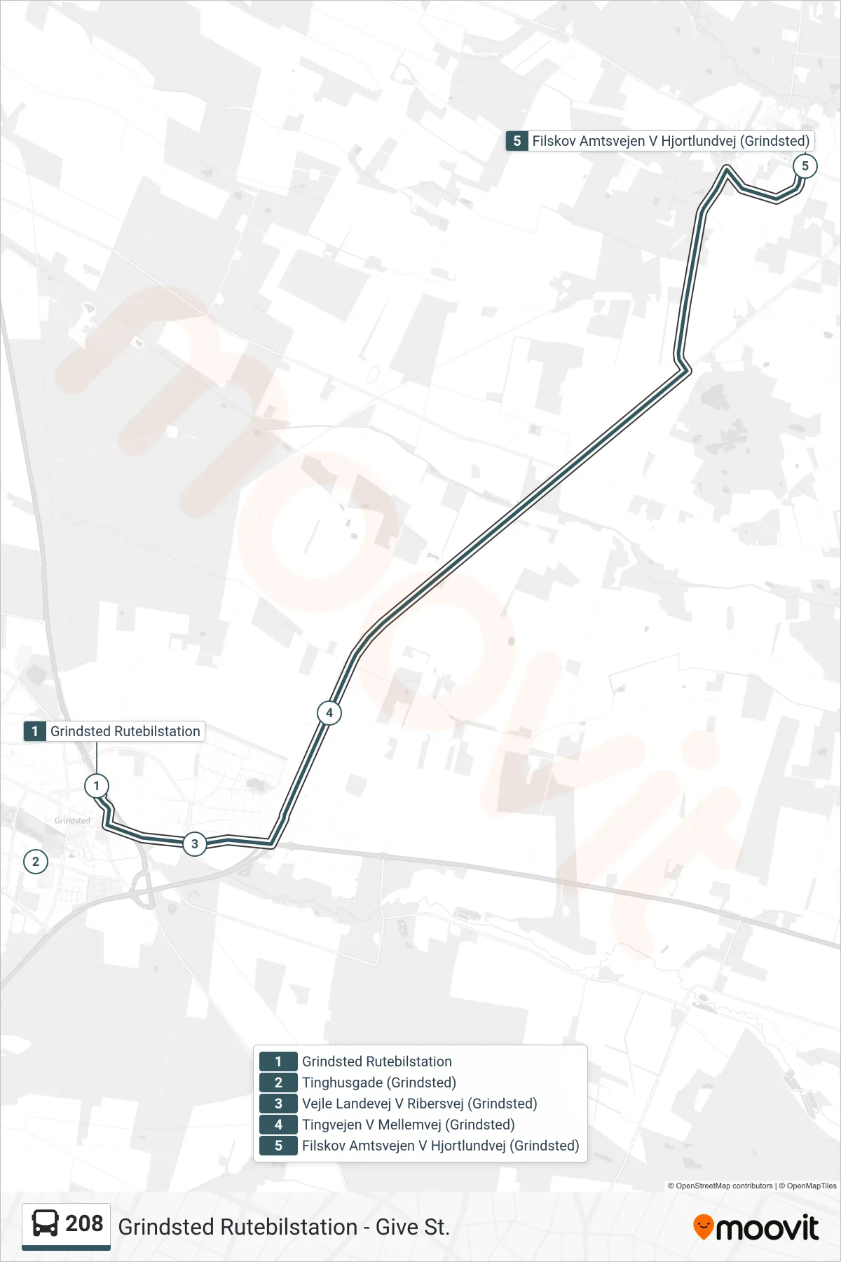 208 bus Linje (Filskov) rute og stop på et kort