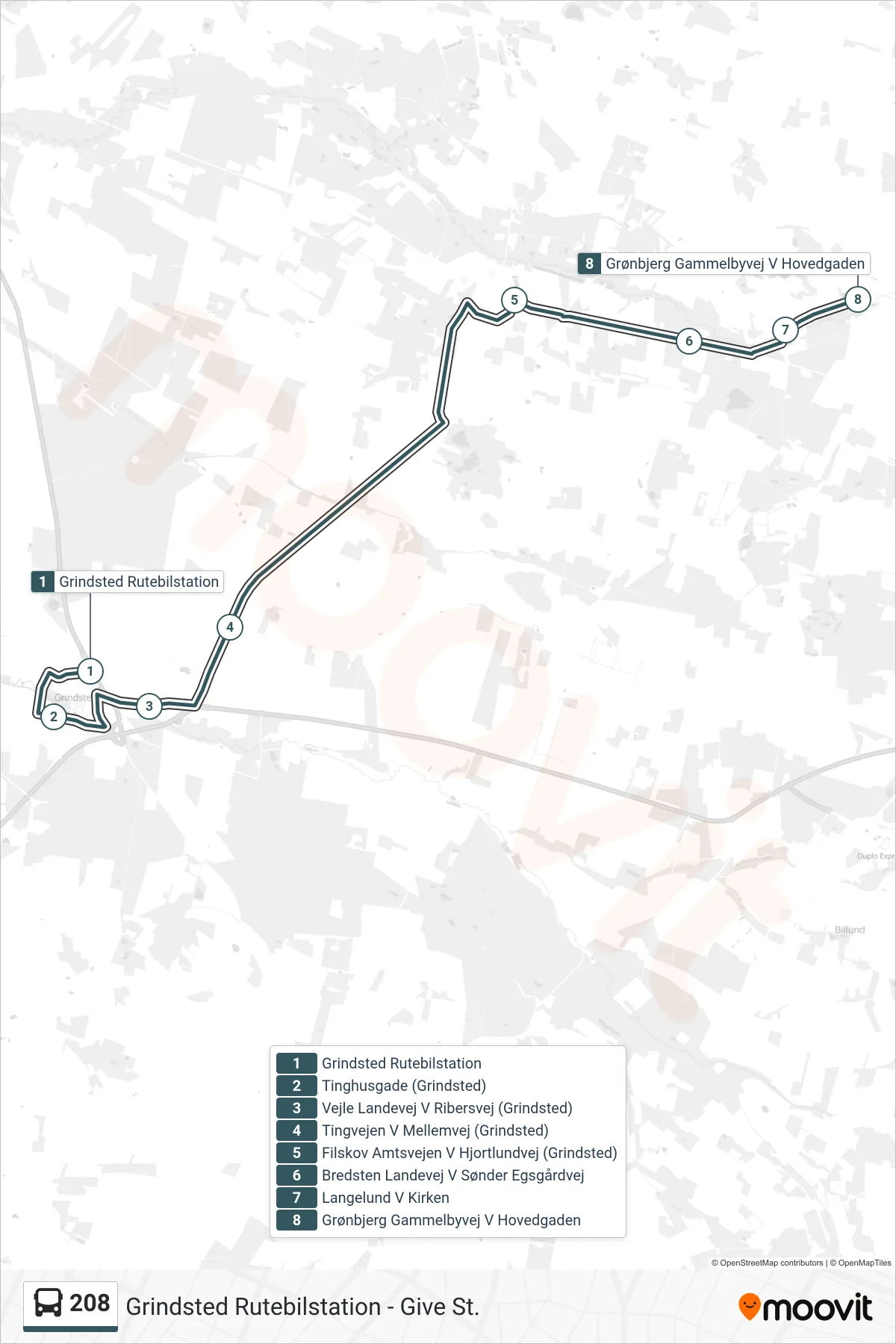 208 bus Line (Grønbjerg) route and stops on a map
