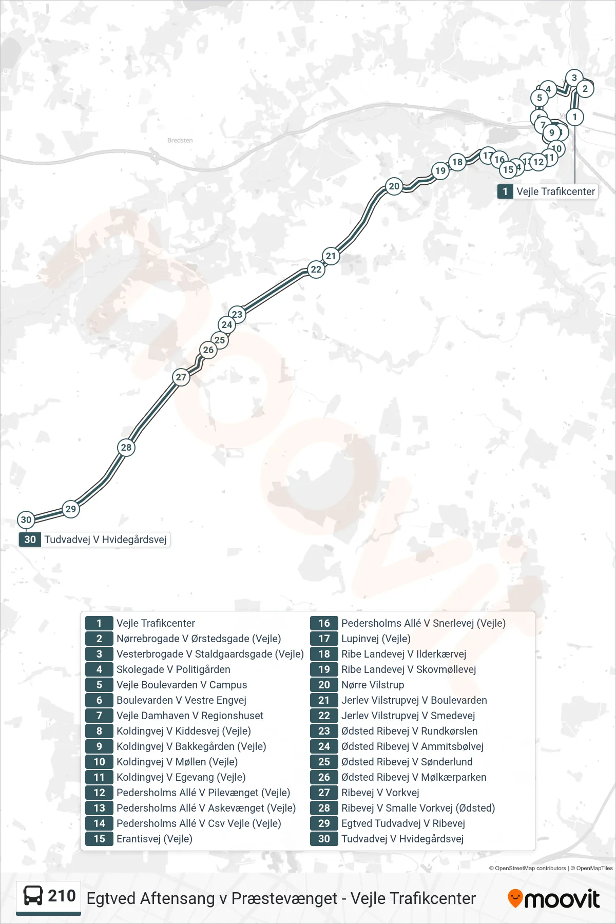 210 bus Linje (Egtved) rute og stop på et kort