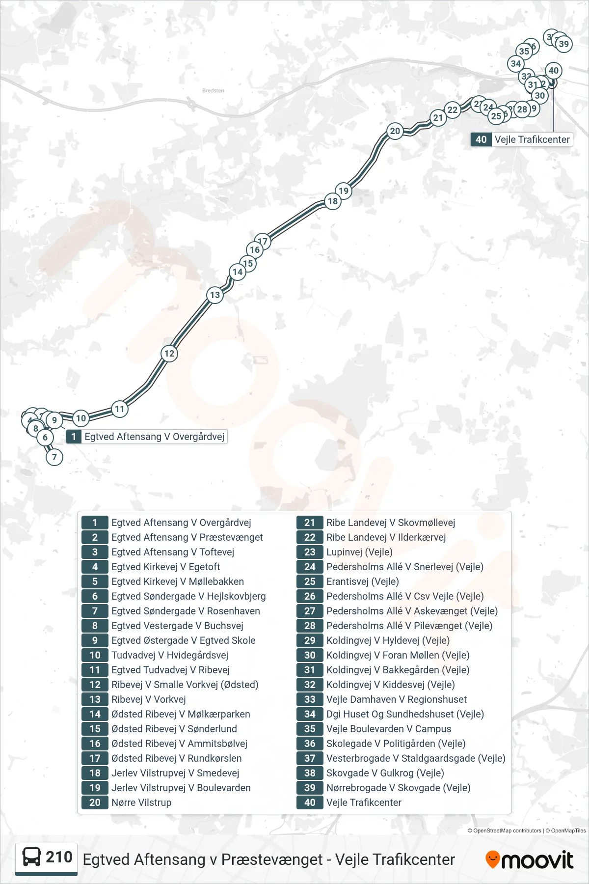 210 bus Linje (Vejle) rute og stop på et kort