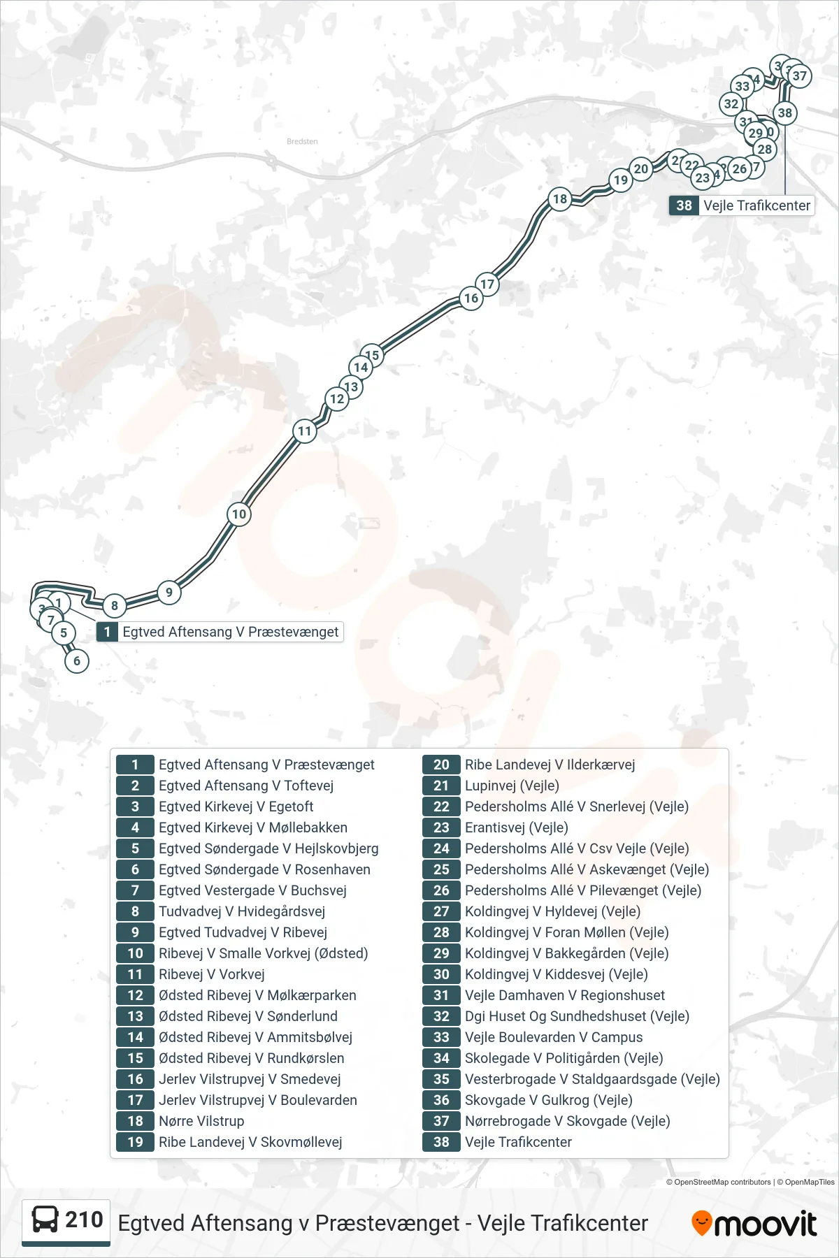 210 bus Linje (Vejle Trafikcenter) rute og stop på et kort