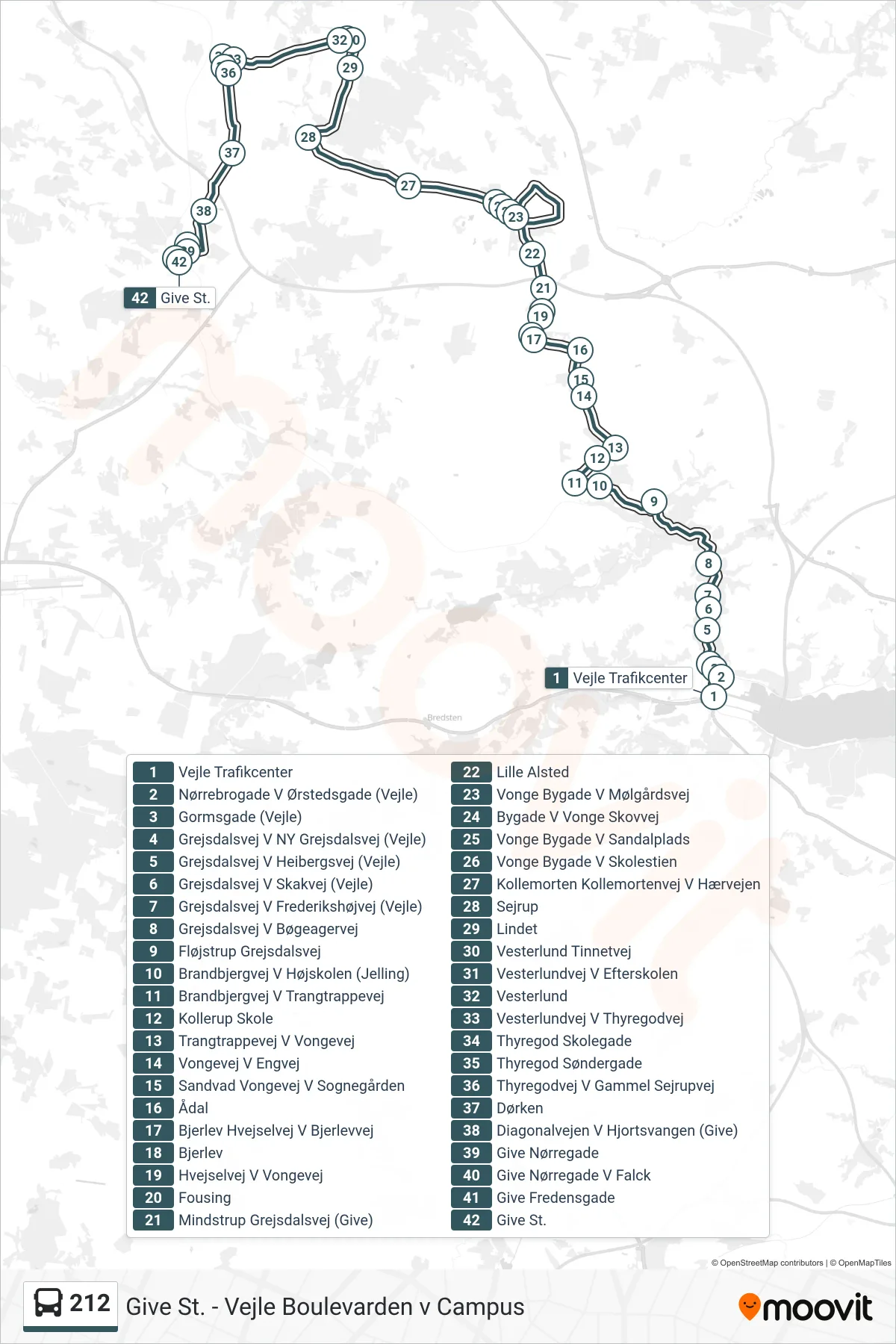 212 bus Linje (Give) rute og stop på et kort