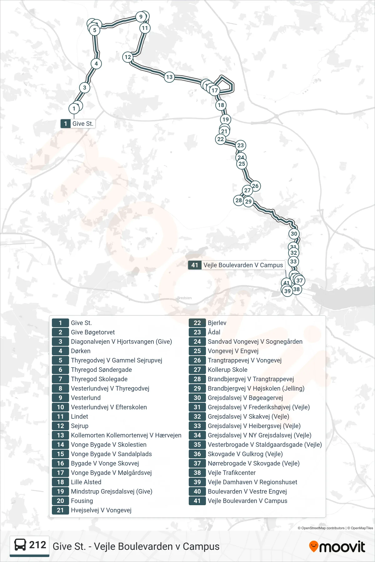 212 bus Linje (Vejle) rute og stop på et kort