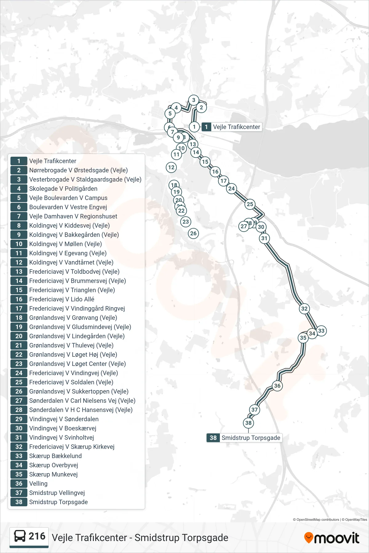 216 bus Linje (Smidstrup) rute og stop på et kort