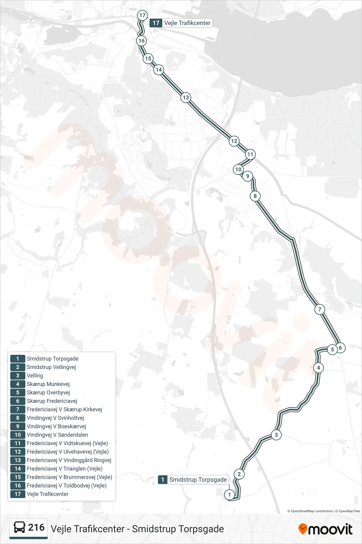 216 bus Line (Vejle) route and stops on a map