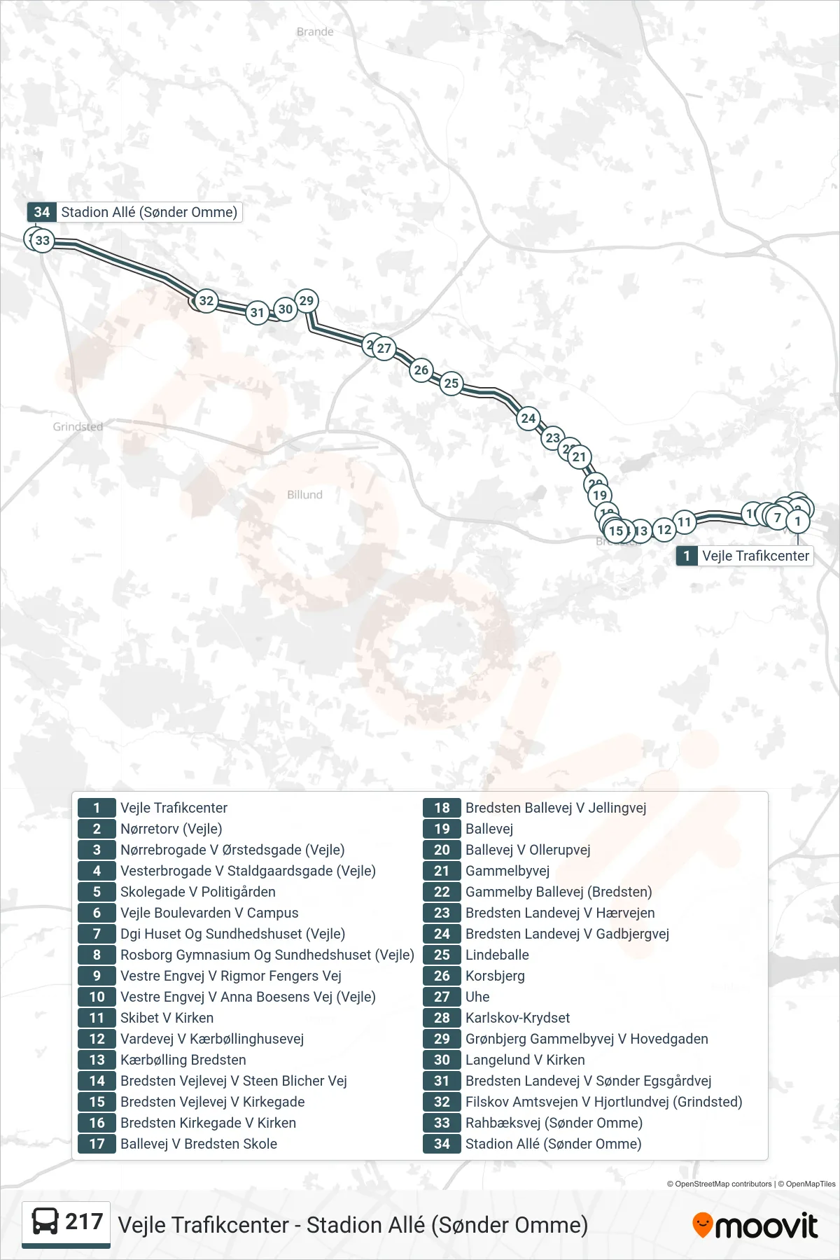 217 bus Line (Sønder Omme) route and stops on a map