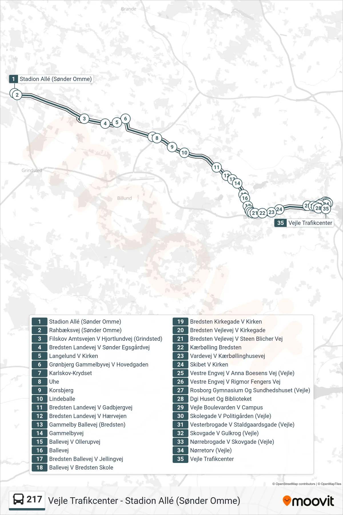217 bus Linje (Vejle) rute og stop på et kort