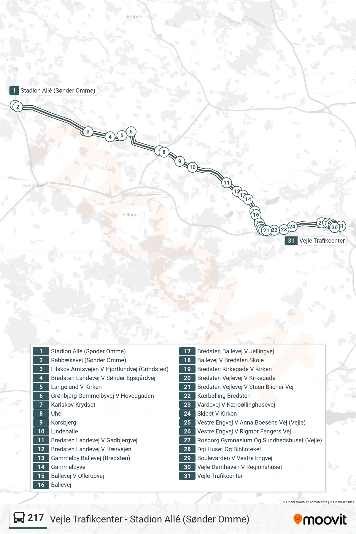217 bus Linje (Vejle Tc) rute og stop på et kort
