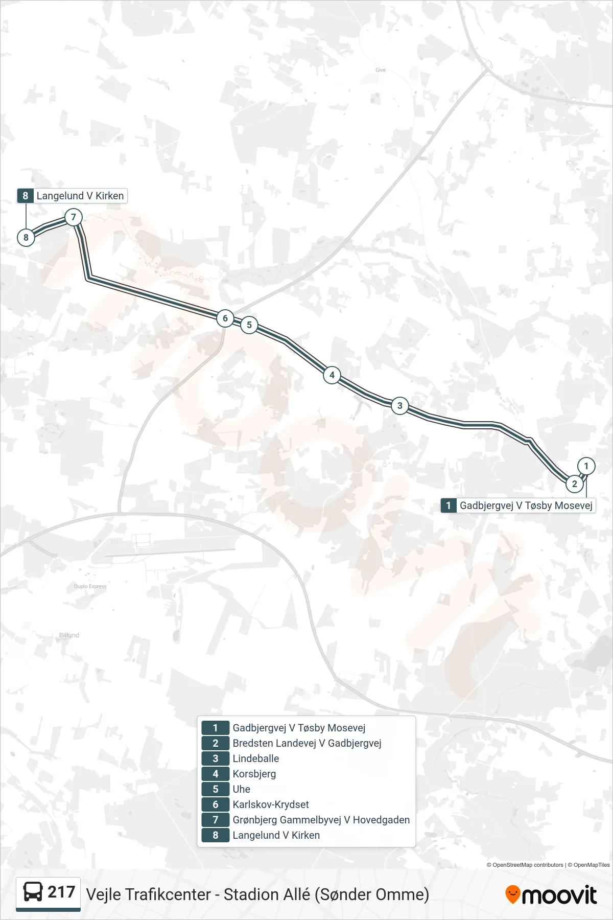 217 bus Linje (Langelund V Kirken) rute og stop på et kort