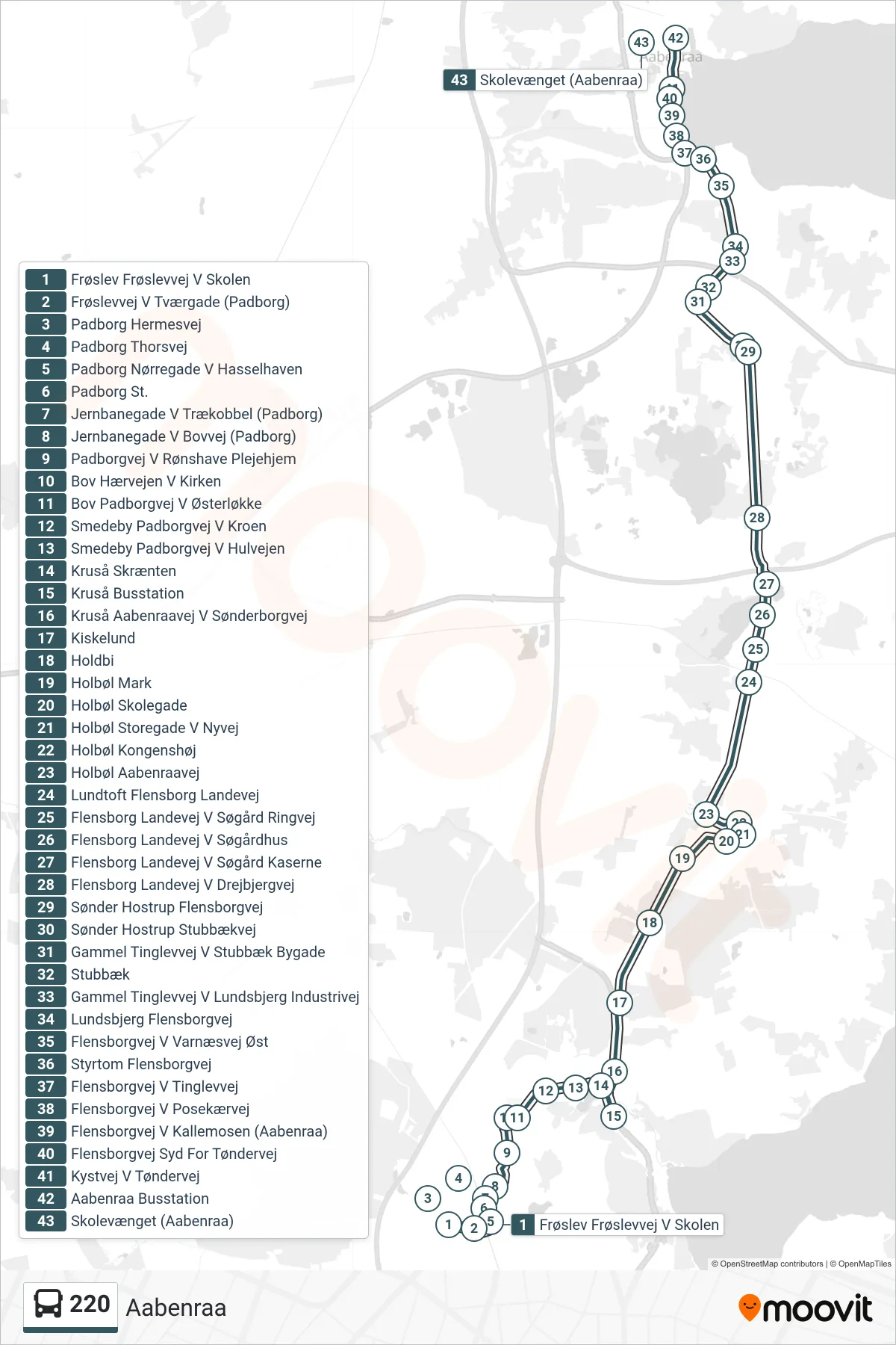 220 bus Line (Aabenraa) route and stops on a map