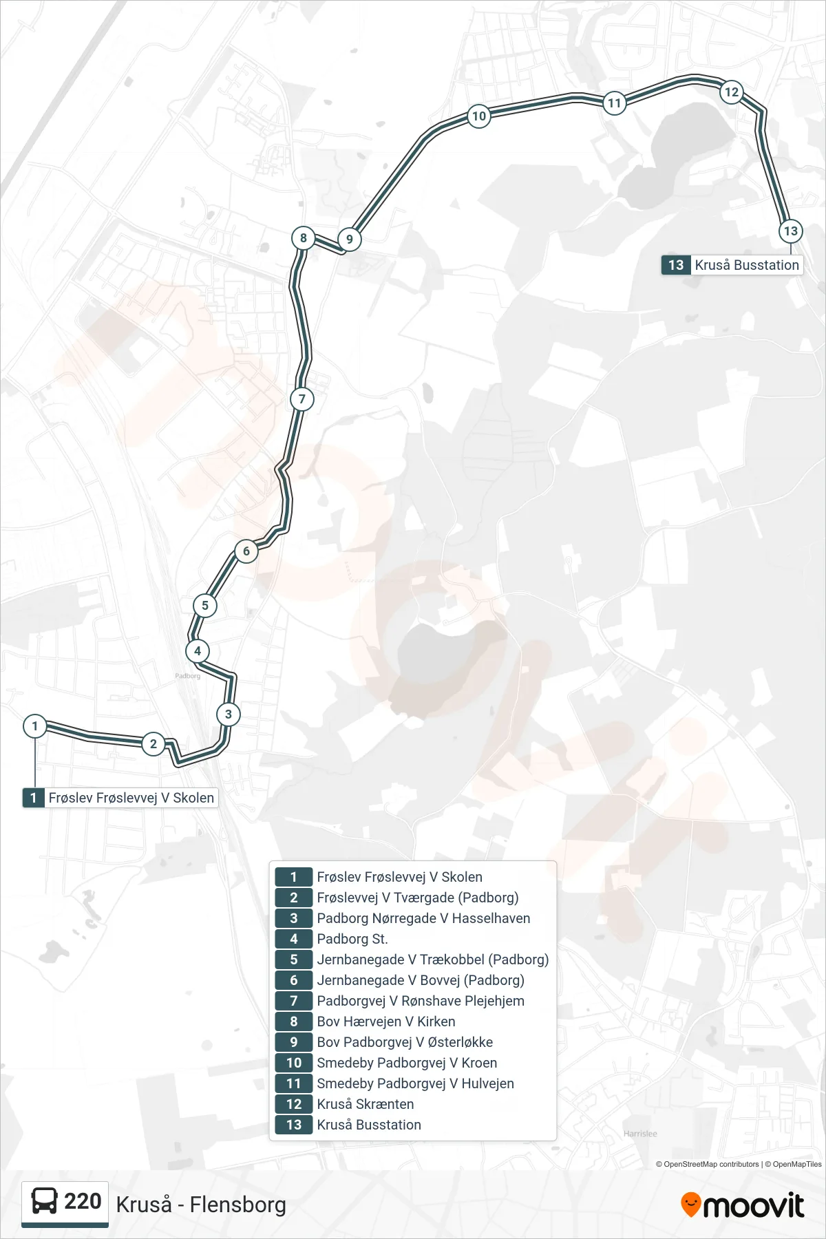 220 bus Linje (Kruså - Flensborg) rute og stop på et kort