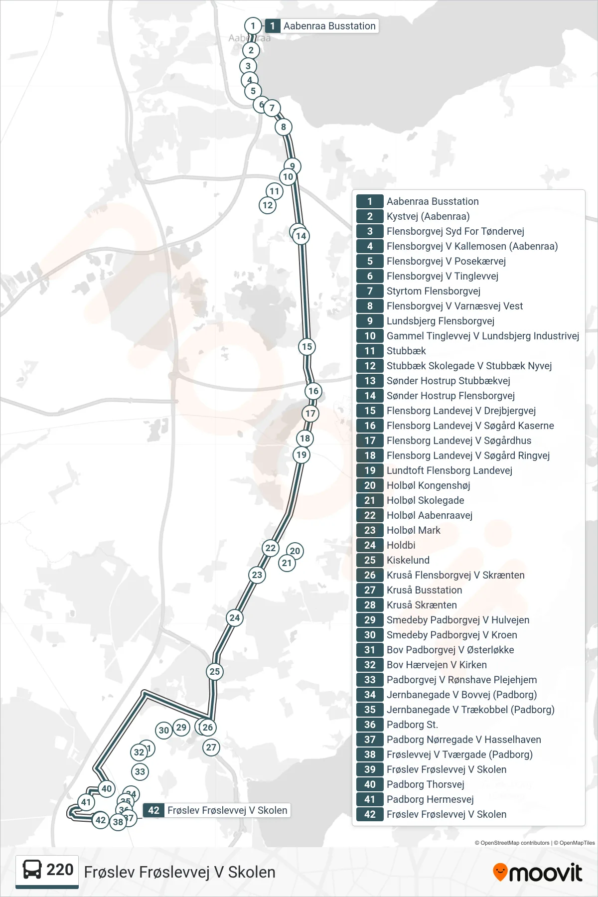 220 bus Line (Frøslev Frøslevvej V Skolen) route and stops on a map