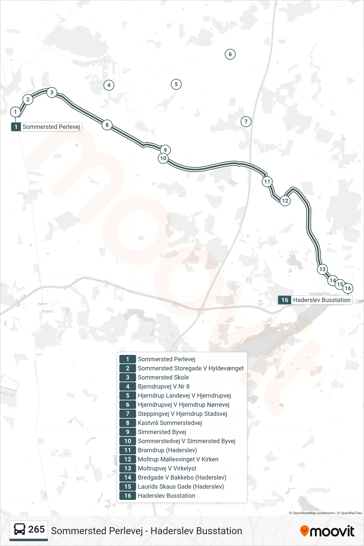 265 bus Linje (Haderslev Busstation) rute og stop på et kort