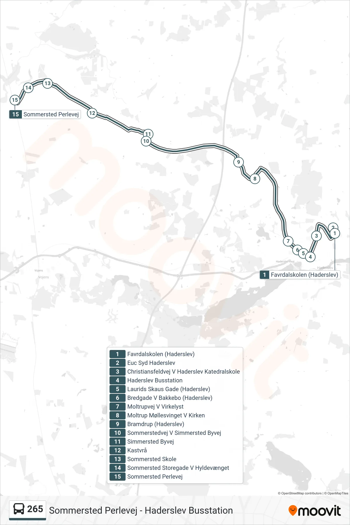 265 bus Linje (Sommersted Perlevej) rute og stop på et kort