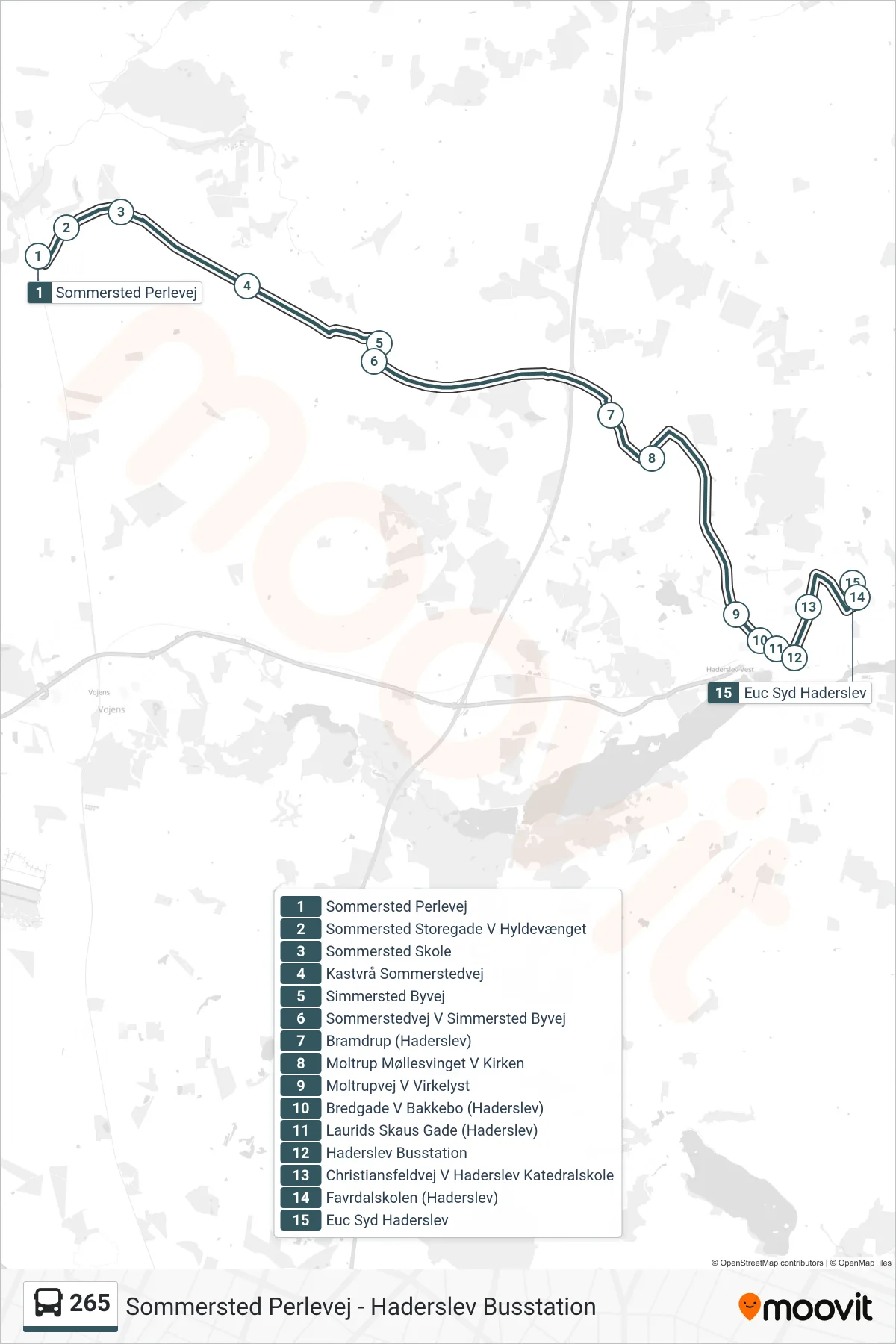 265 bus Linje (Euc Syd Haderslev) rute og stop på et kort