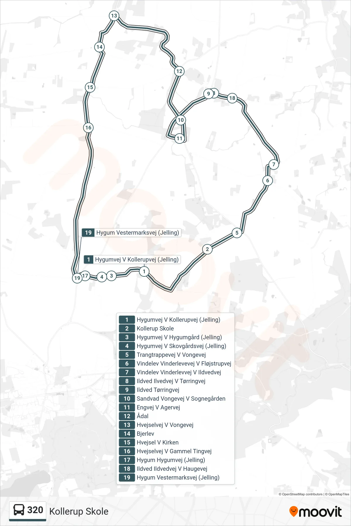 320 bus Linje (Kollerup Skole) rute og stop på et kort