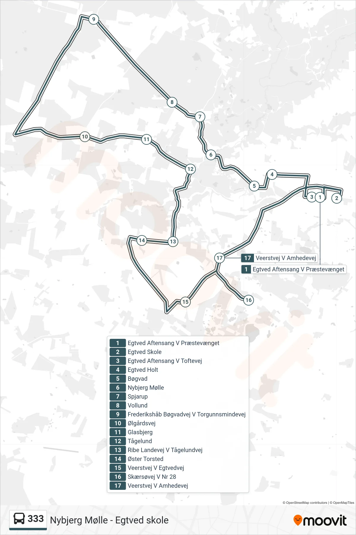 333 bus Linje (Egtved Skole) rute og stop på et kort