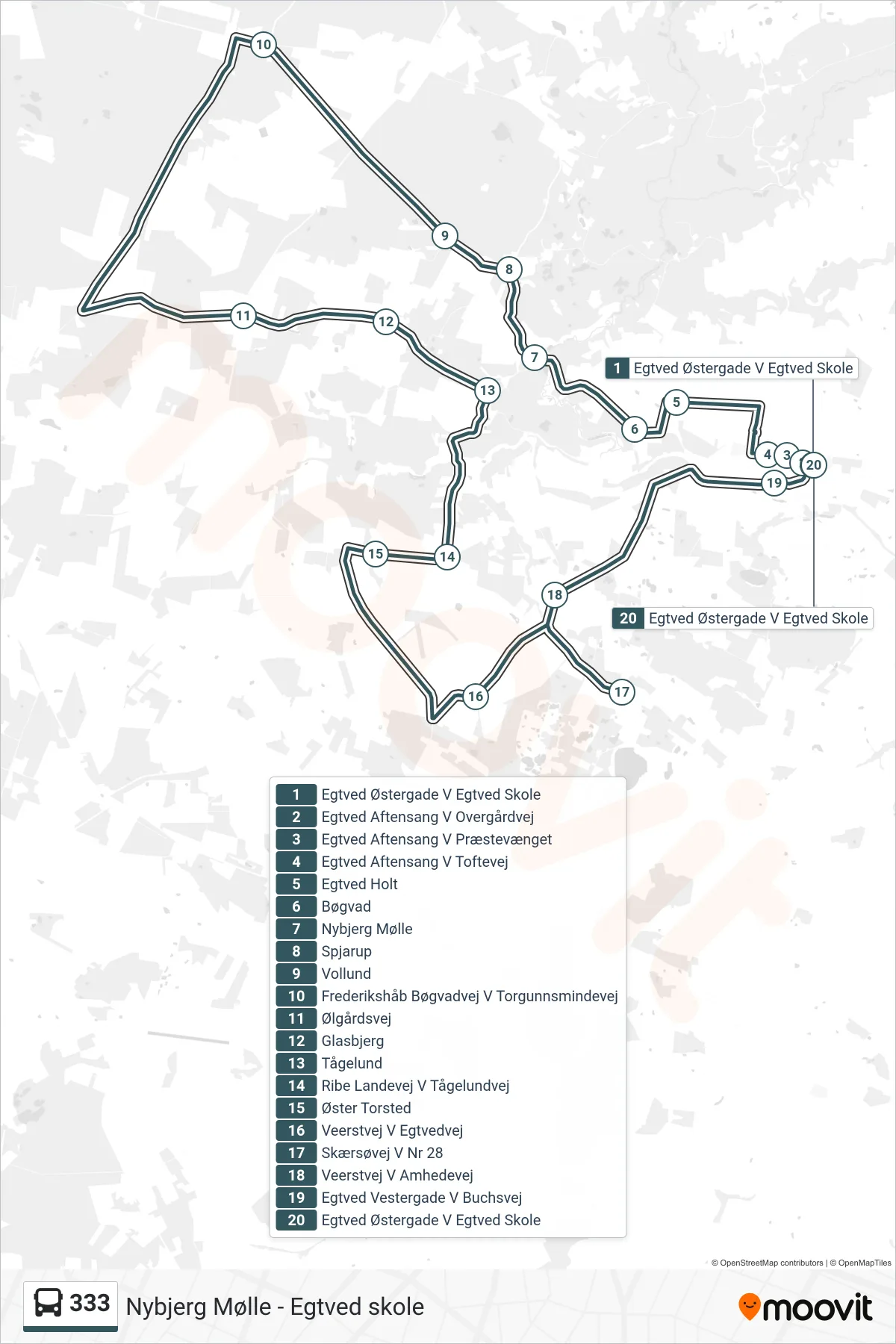 333 bus Linje (Egtved Østergade V Egtved Skole) rute og stop på et kort