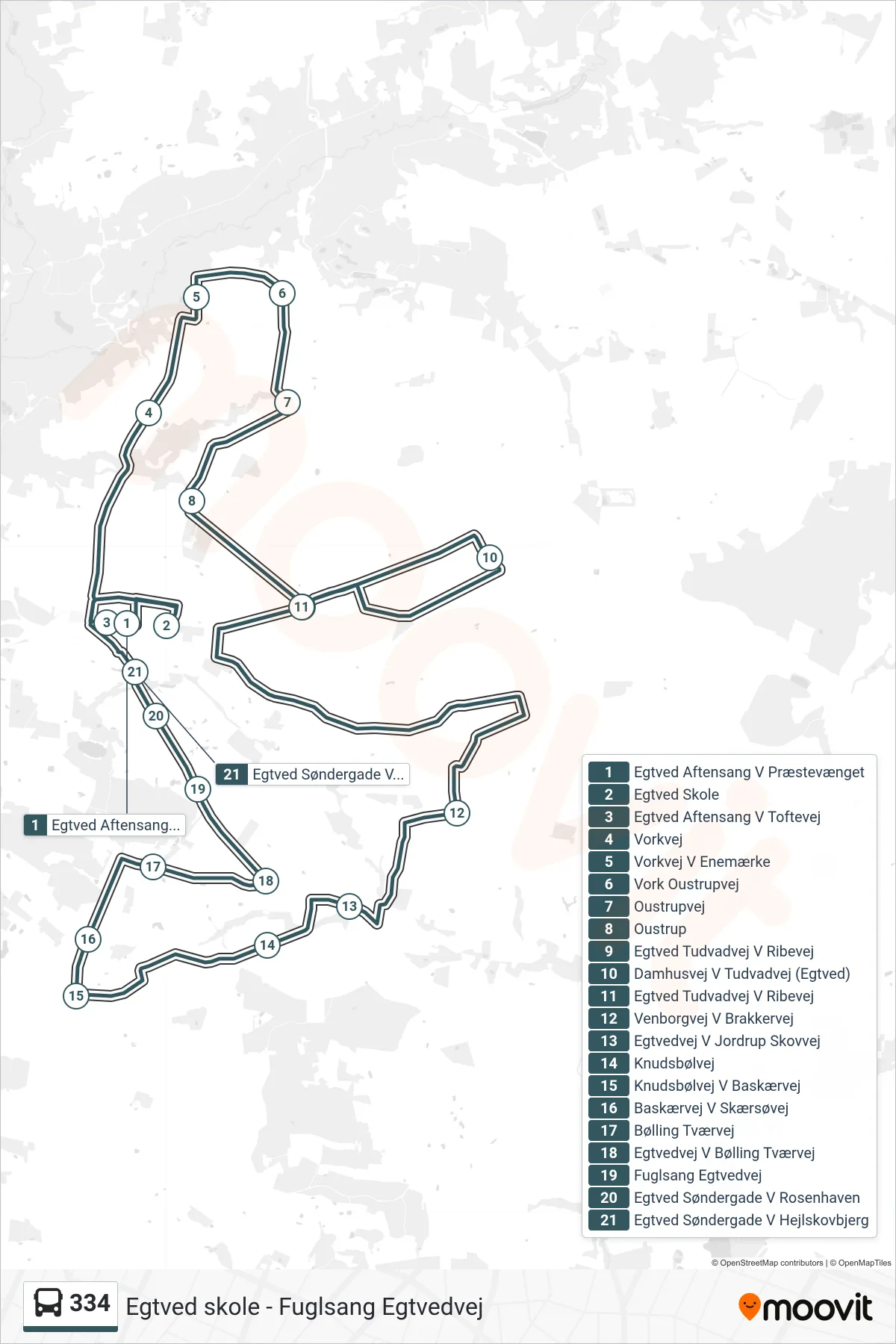 334 bus Linje (Egtved Skole) rute og stop på et kort