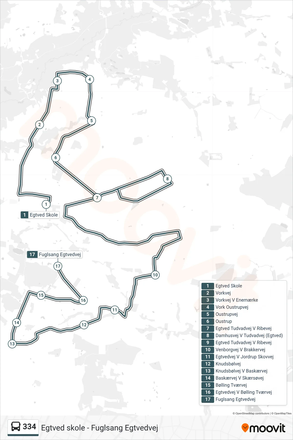 334 bus Linje (Fuglsang Egtvedvej) rute og stop på et kort