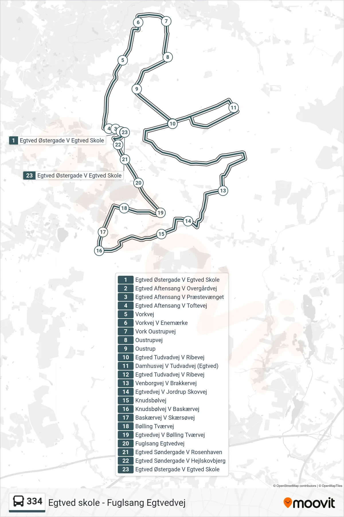 334 bus Line (Egtved Østergade V Egtved Skole) route and stops on a map