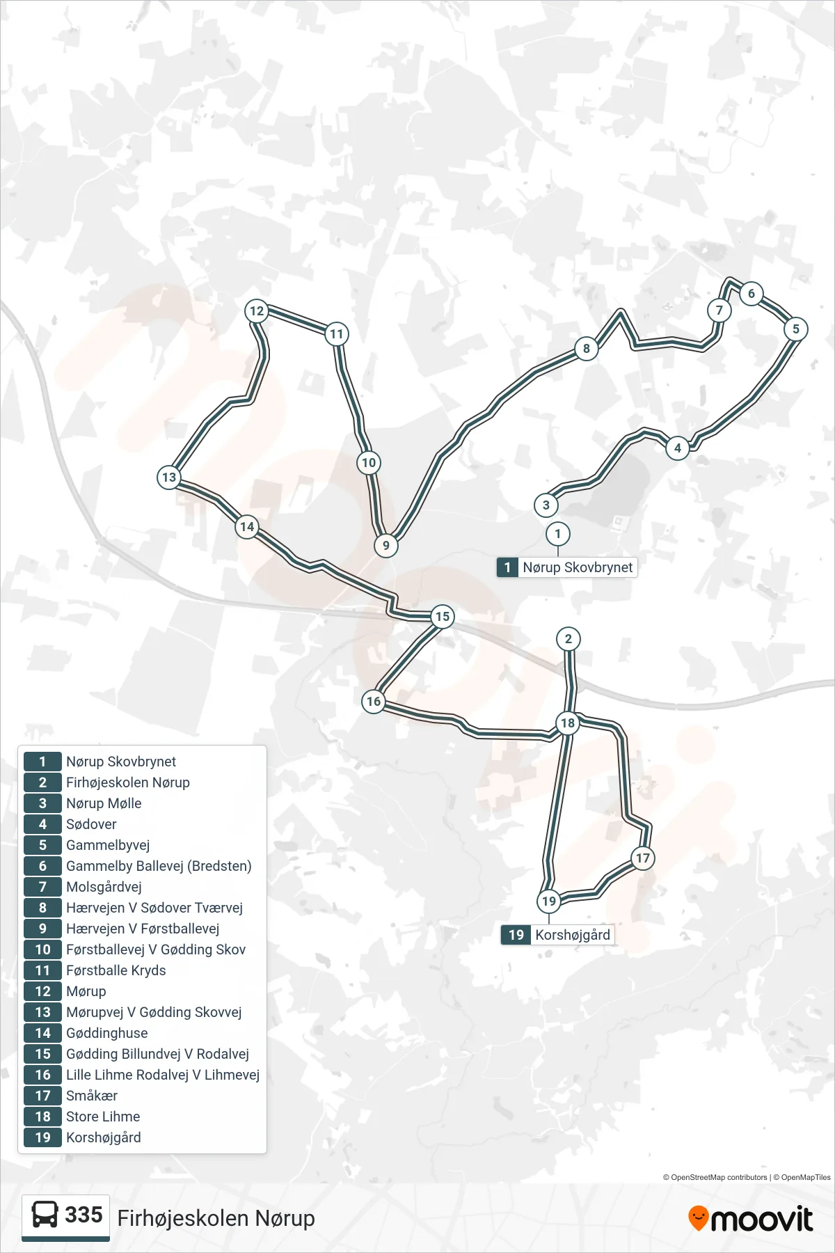 335 bus Linje (Firhøjeskolen Nørup) rute og stop på et kort