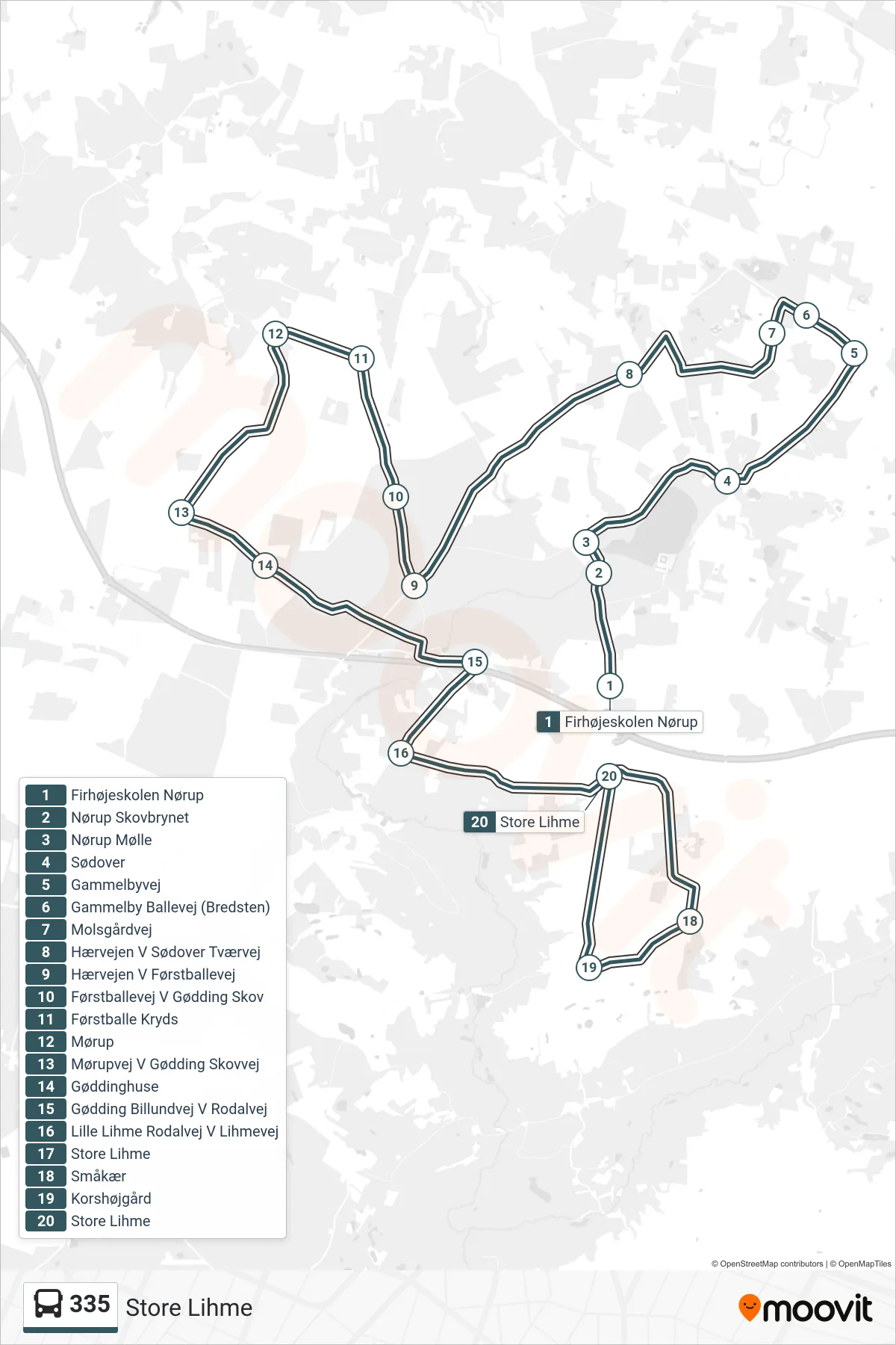 335 bus Linje (Store Lihme) rute og stop på et kort