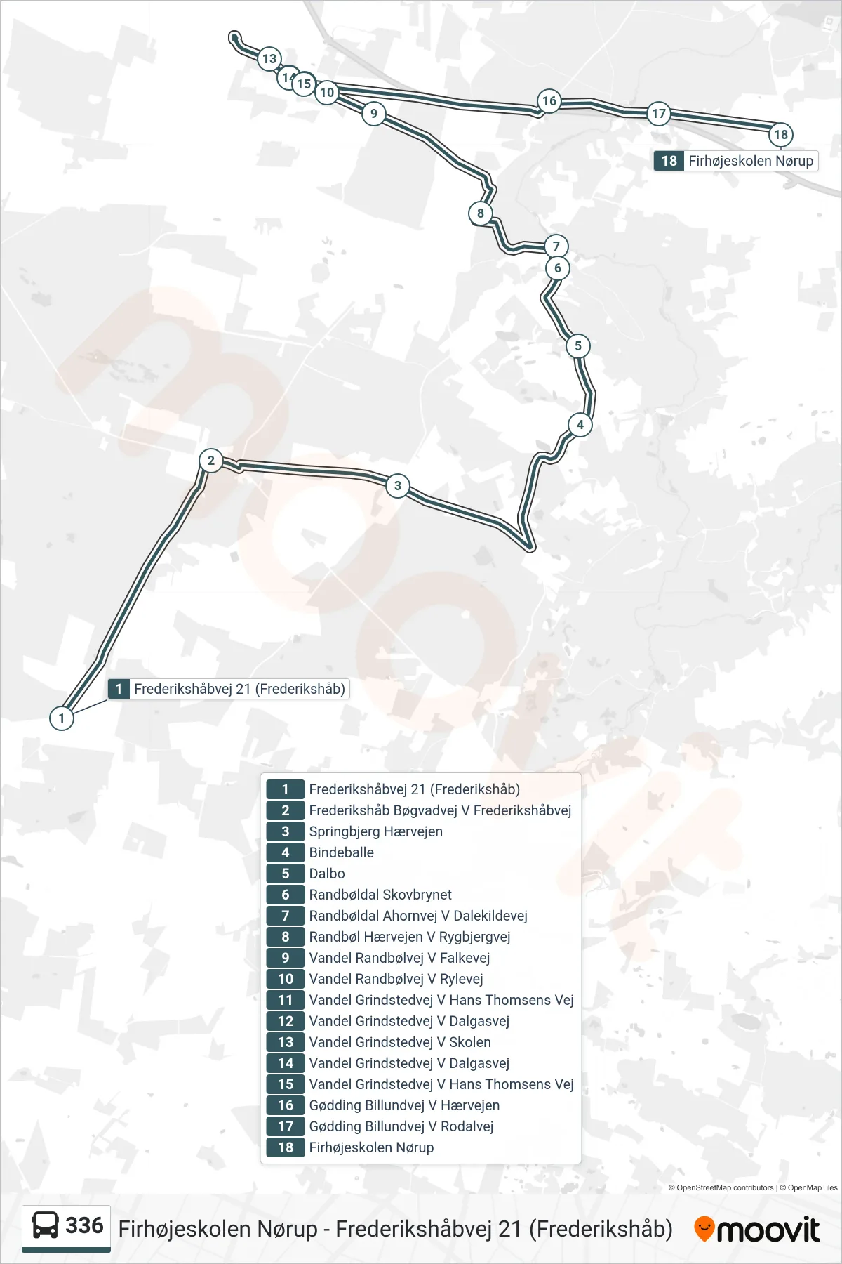 336 bus Linje (Firhøjeskolen Nørup) rute og stop på et kort
