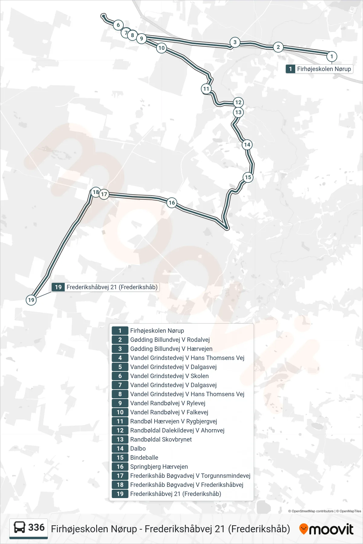 336 bus Linje (Frederikshåbvej 21 (Frederikshåb)) rute og stop på et kort