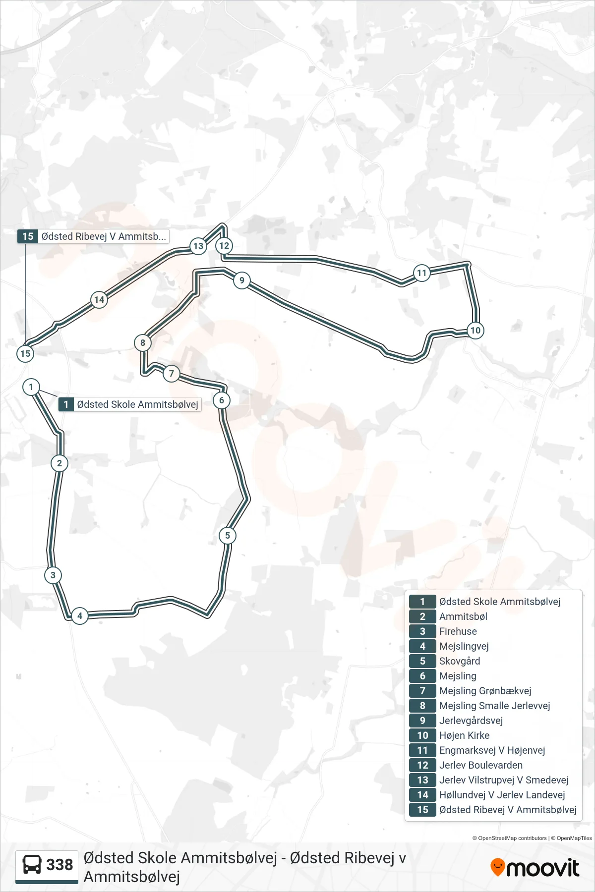 338 bus Linje (Ødsted Ribevej V Ammitsbølvej) rute og stop på et kort
