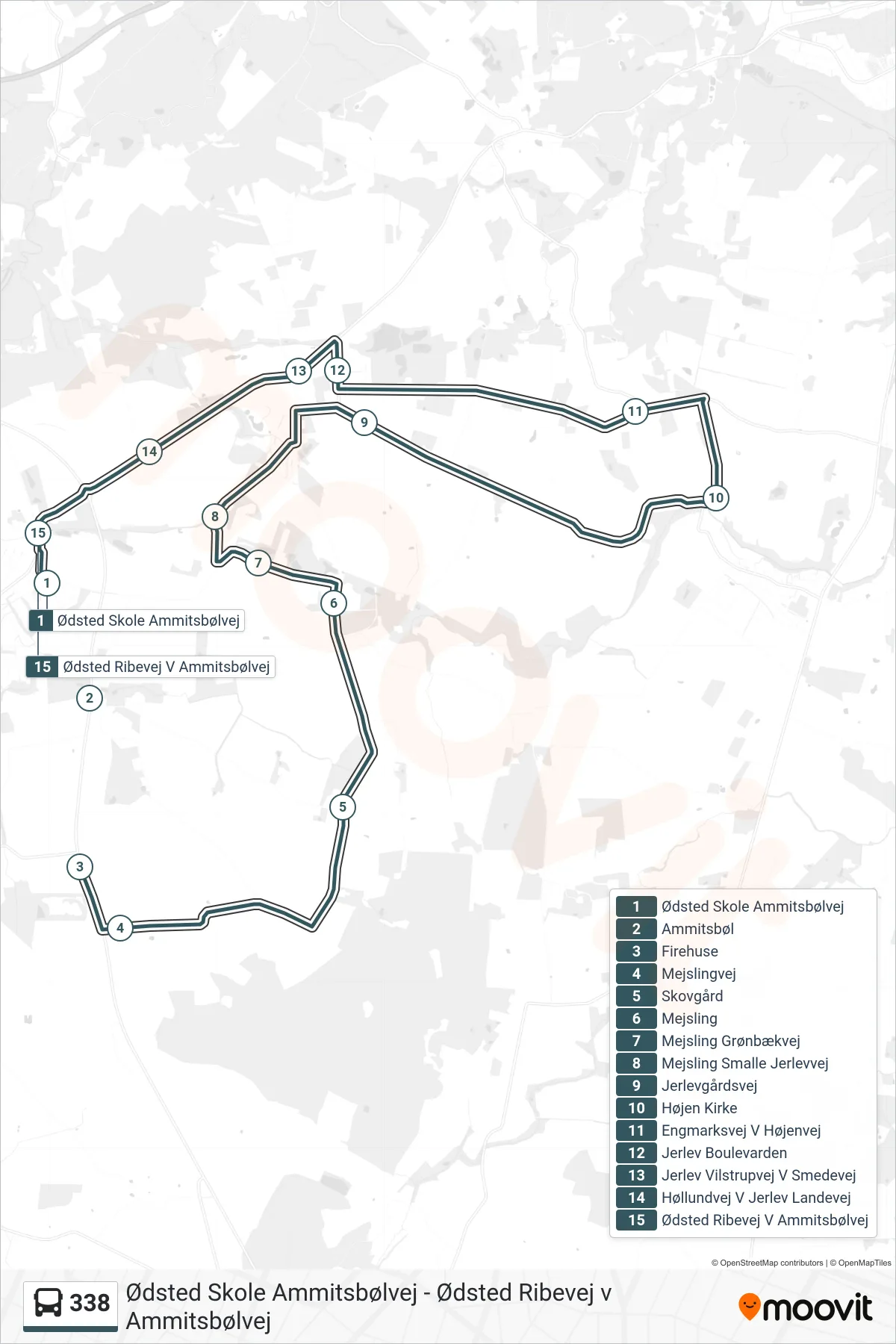 338 bus Linje (Ødsted Skole Ammitsbølvej) rute og stop på et kort
