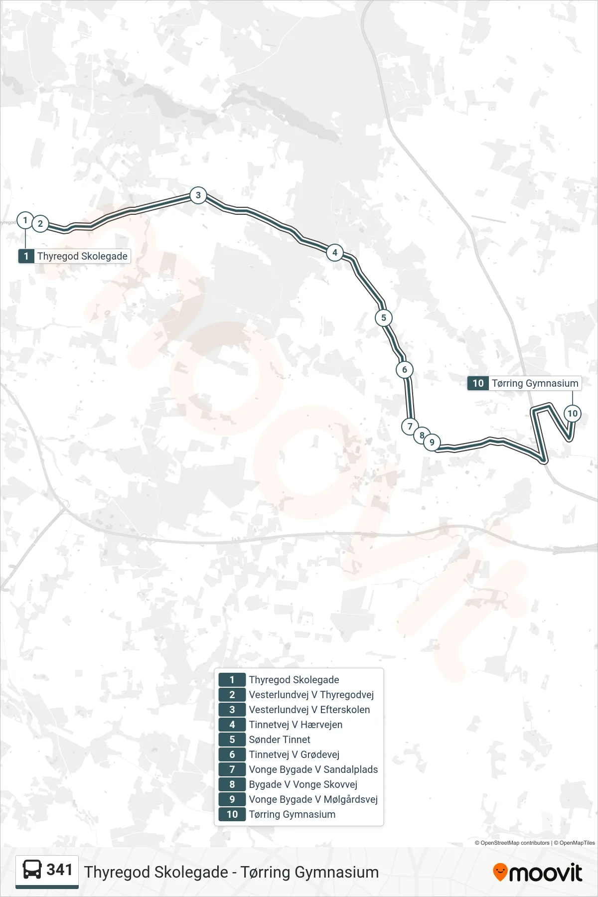 341 bus Linje (Tørring Gymnasium) rute og stop på et kort