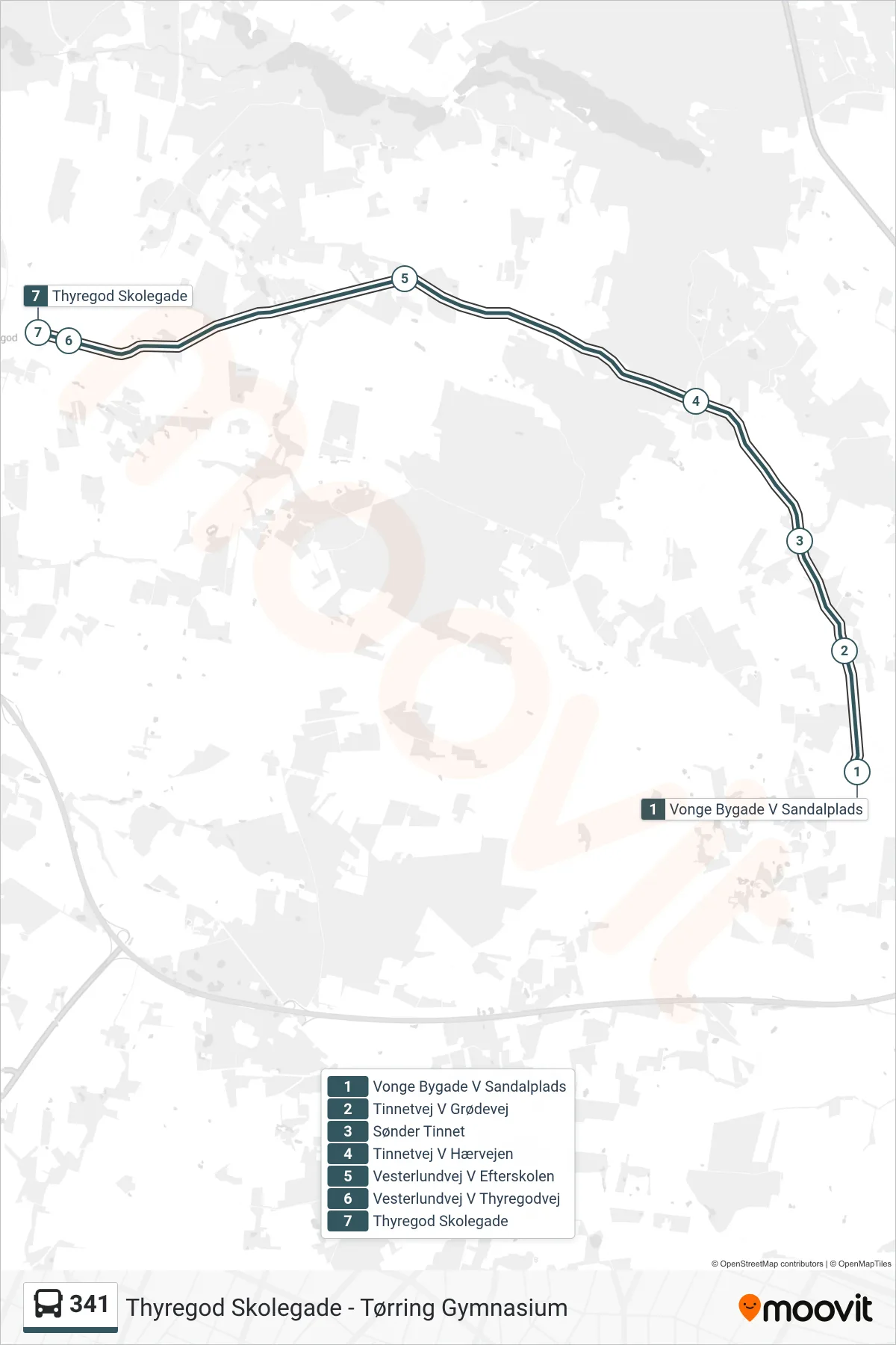 341 bus Linje (Thyregod Skolegade) rute og stop på et kort