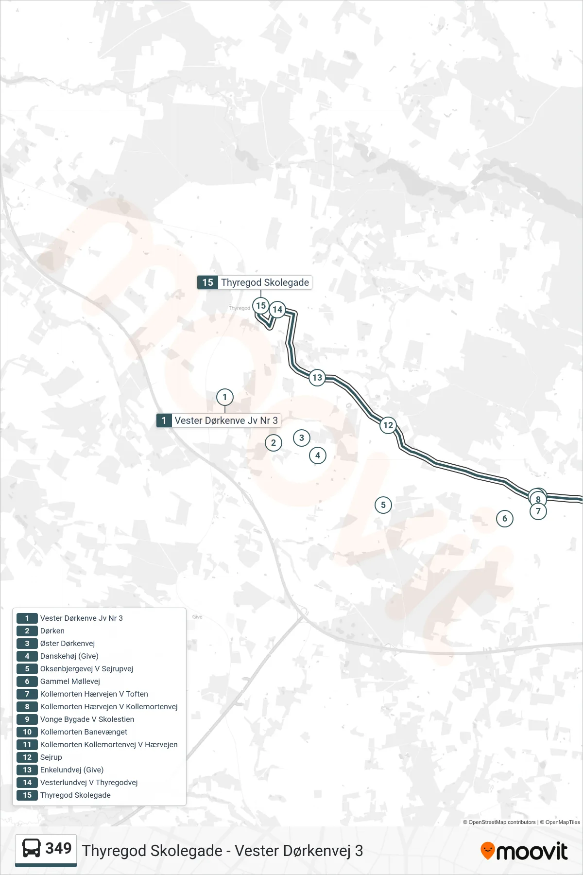 349 bus Linje (Thyregod Skolegade) rute og stop på et kort