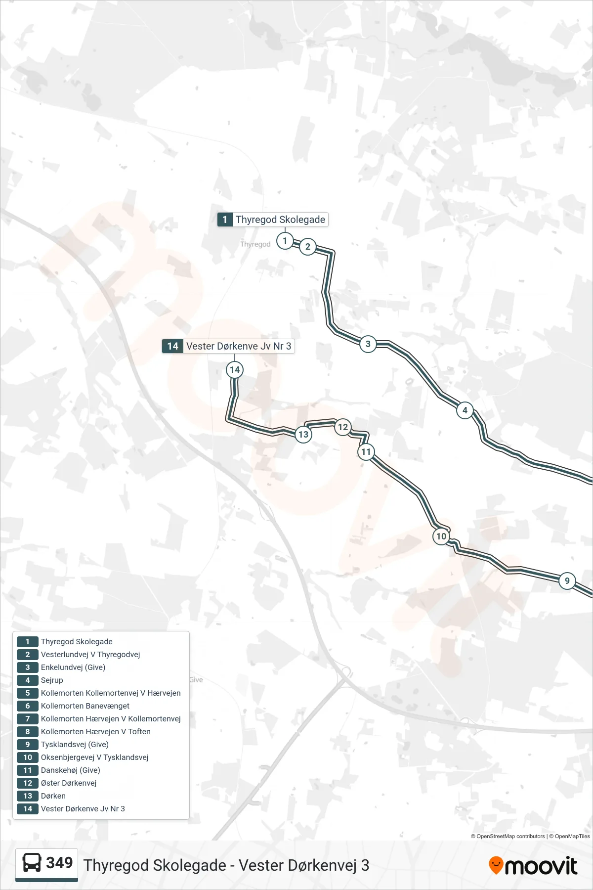 349 bus Linje (Vester Dørkenvej 3) rute og stop på et kort